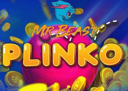 Mr Beast Plinko game logo featuring vibrant graphics with coins, a pink ball, and the Mr Beast tiger logo.