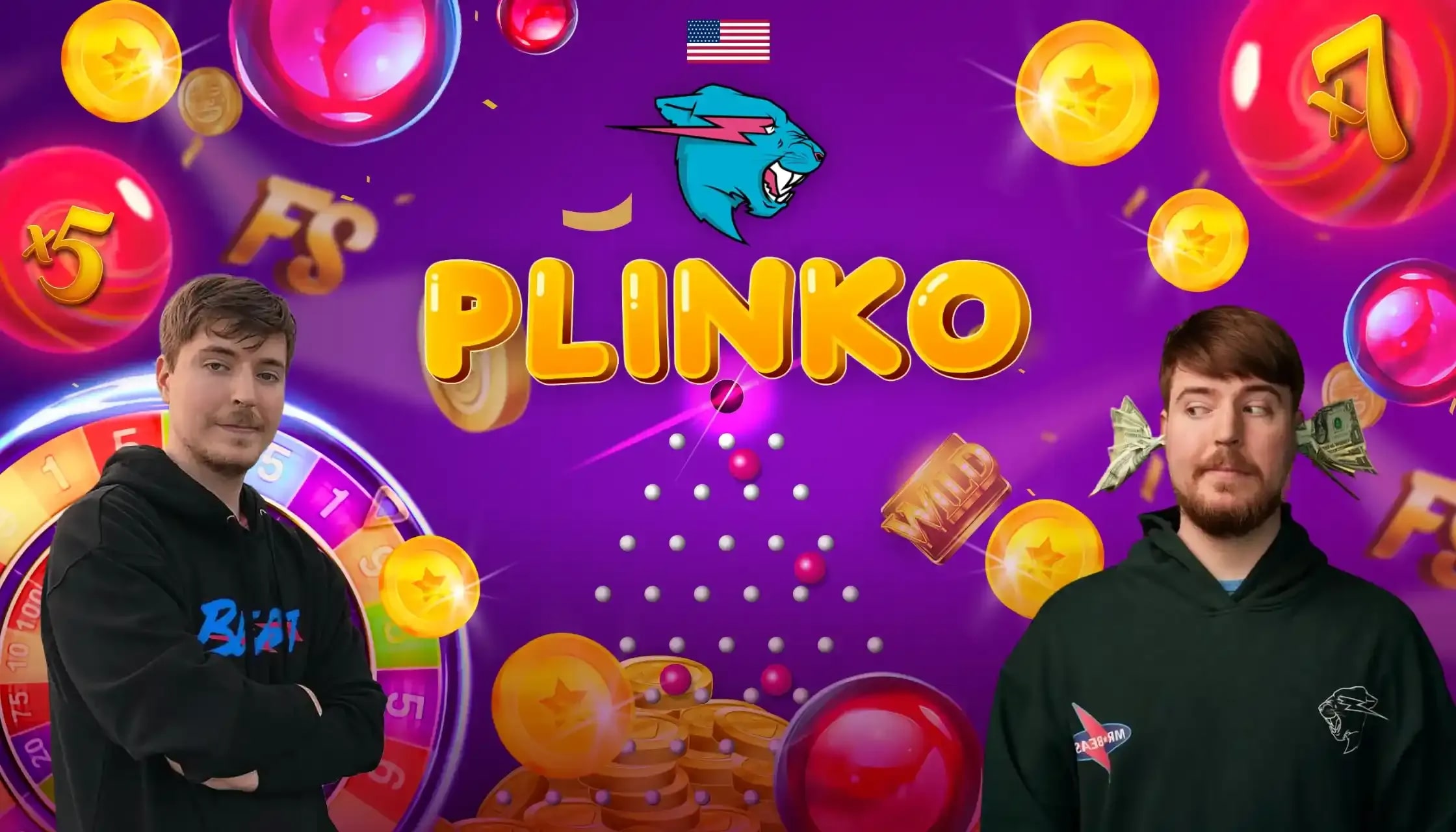 Mr Beast Plinko game interface with colorful elements like a prize wheel, coins, balls, and the Mr Beast tiger logo on a purple background.